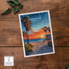 Coronado Print California showcasing a vibrant sunset over a serene beach scene with palm trees.