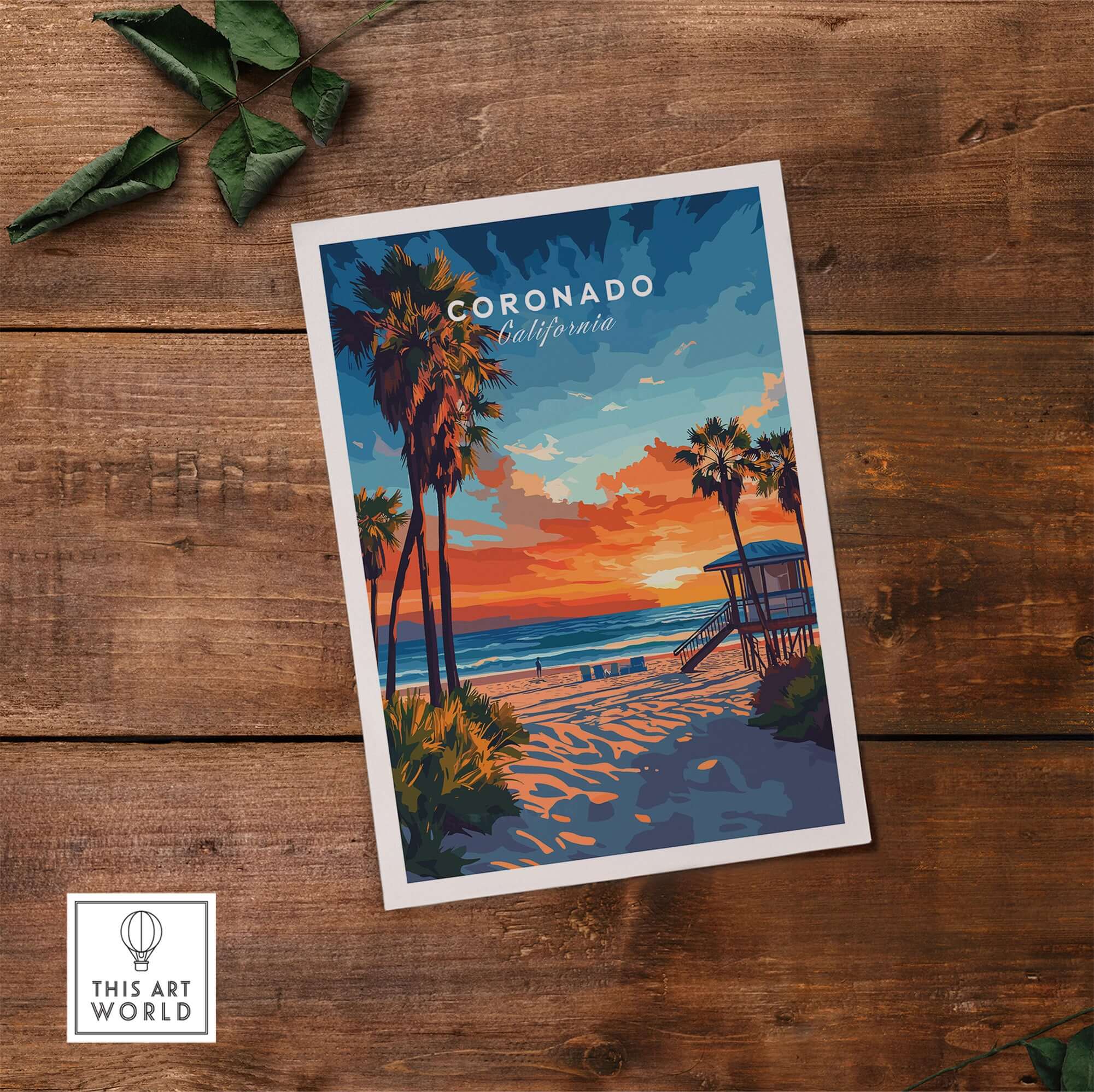Coronado Print California showcasing a vibrant sunset over a serene beach scene with palm trees.