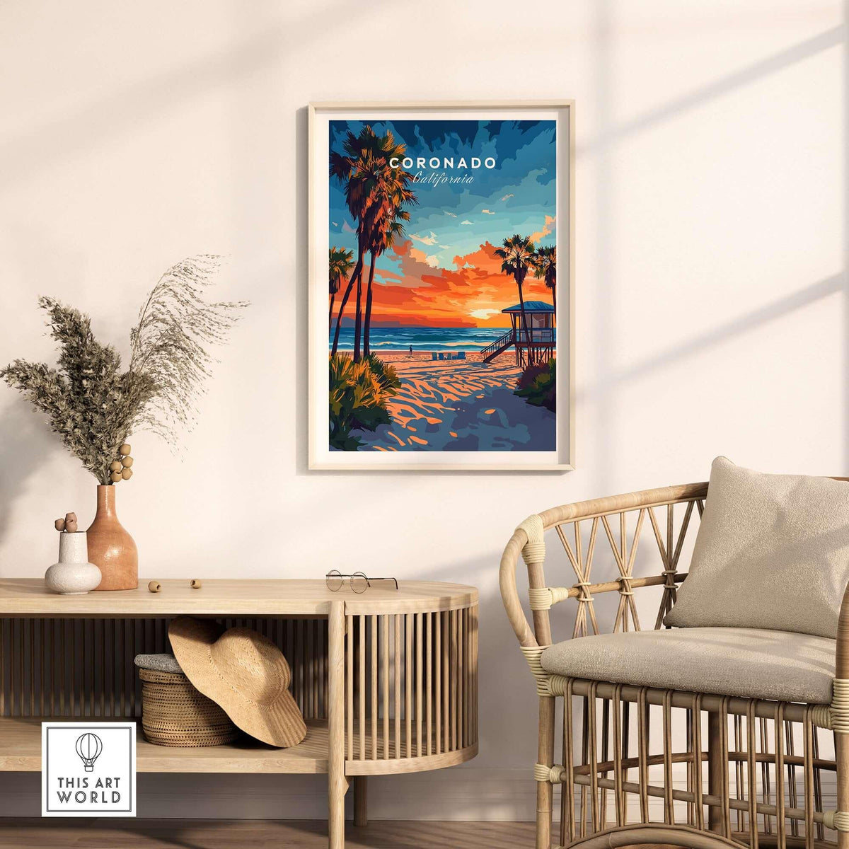 Coronado Print California showcasing a vibrant sunset beach scene, perfect for adding coastal charm to home decor.