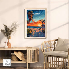 Coronado Print California showcasing a vibrant sunset beach scene, perfect for adding coastal charm to home decor.