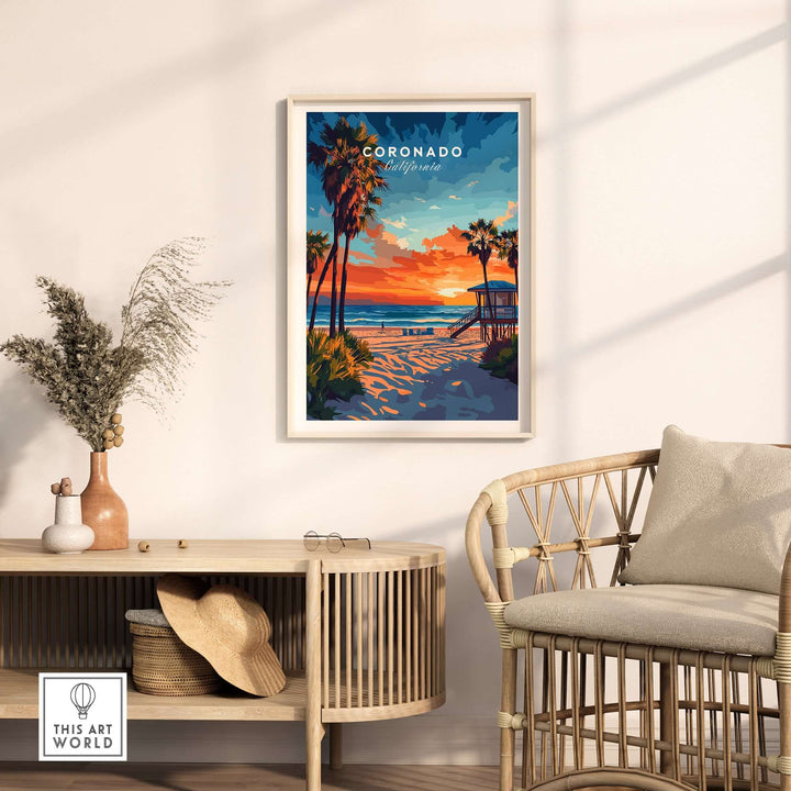 Coronado Print California showcasing a vibrant sunset and serene beach scene in a stylish home setting.