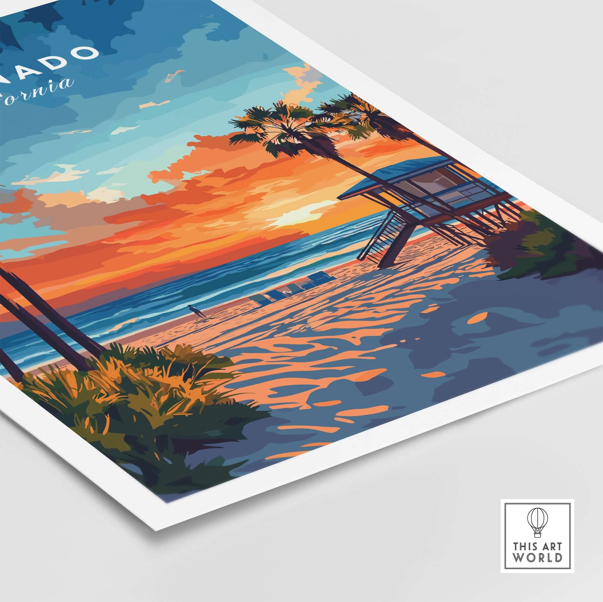 Coronado Print California featuring a vibrant sunset beach scene and palms, ideal for coastal decor.