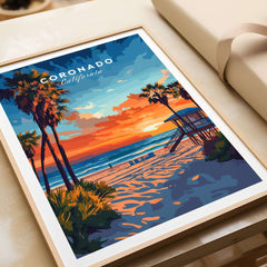 Coronado Print California featuring a vibrant sunset and tranquil beach scene with palm trees.