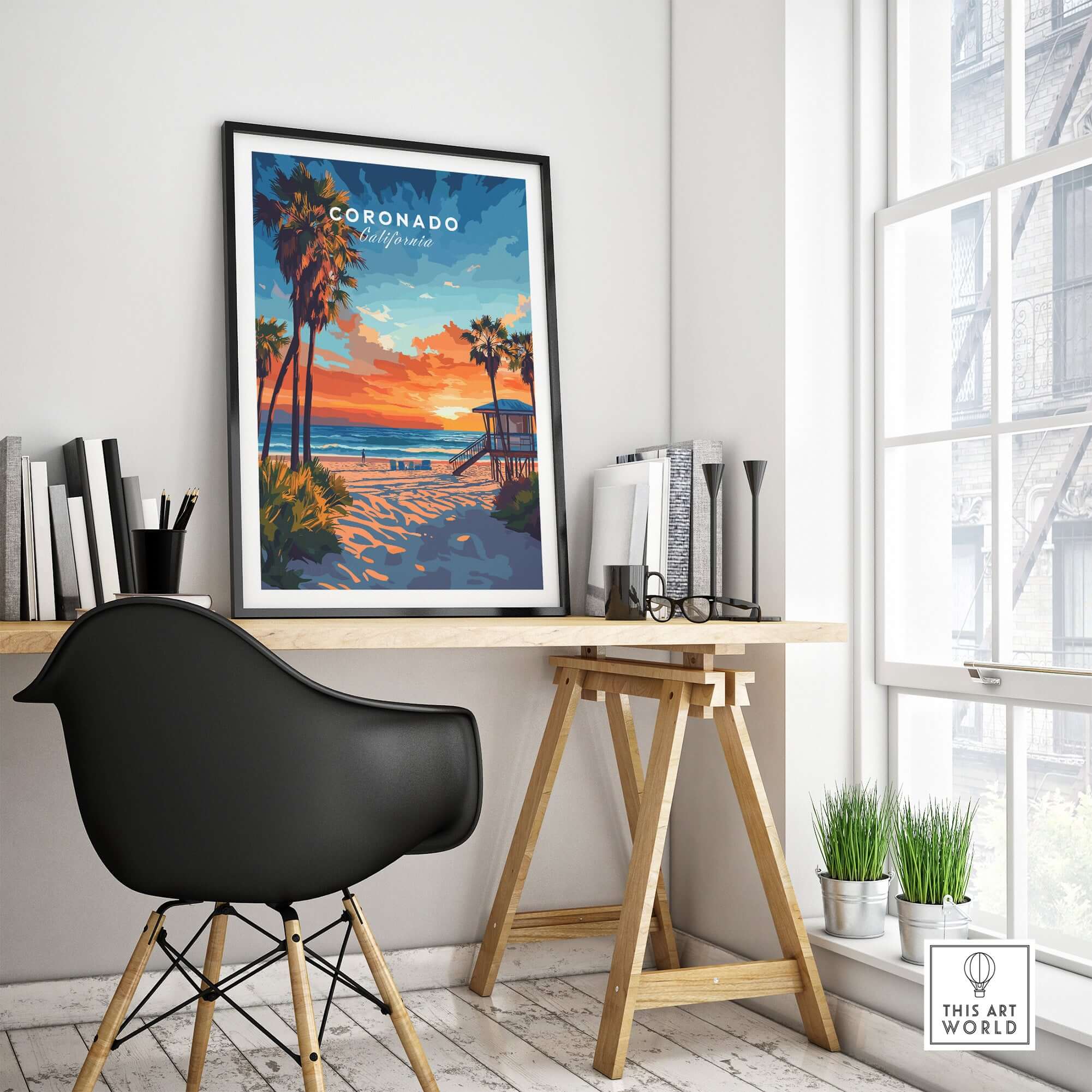 Coronado Print California depicting a serene beach scene with vibrant sunset and palm trees in a stylish interior.