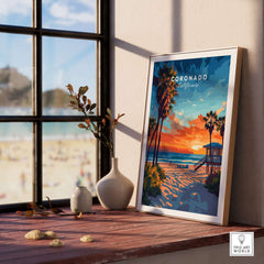 Coronado Print California displayed in a sunny room with beach view, featuring a vibrant sunset and palm trees.