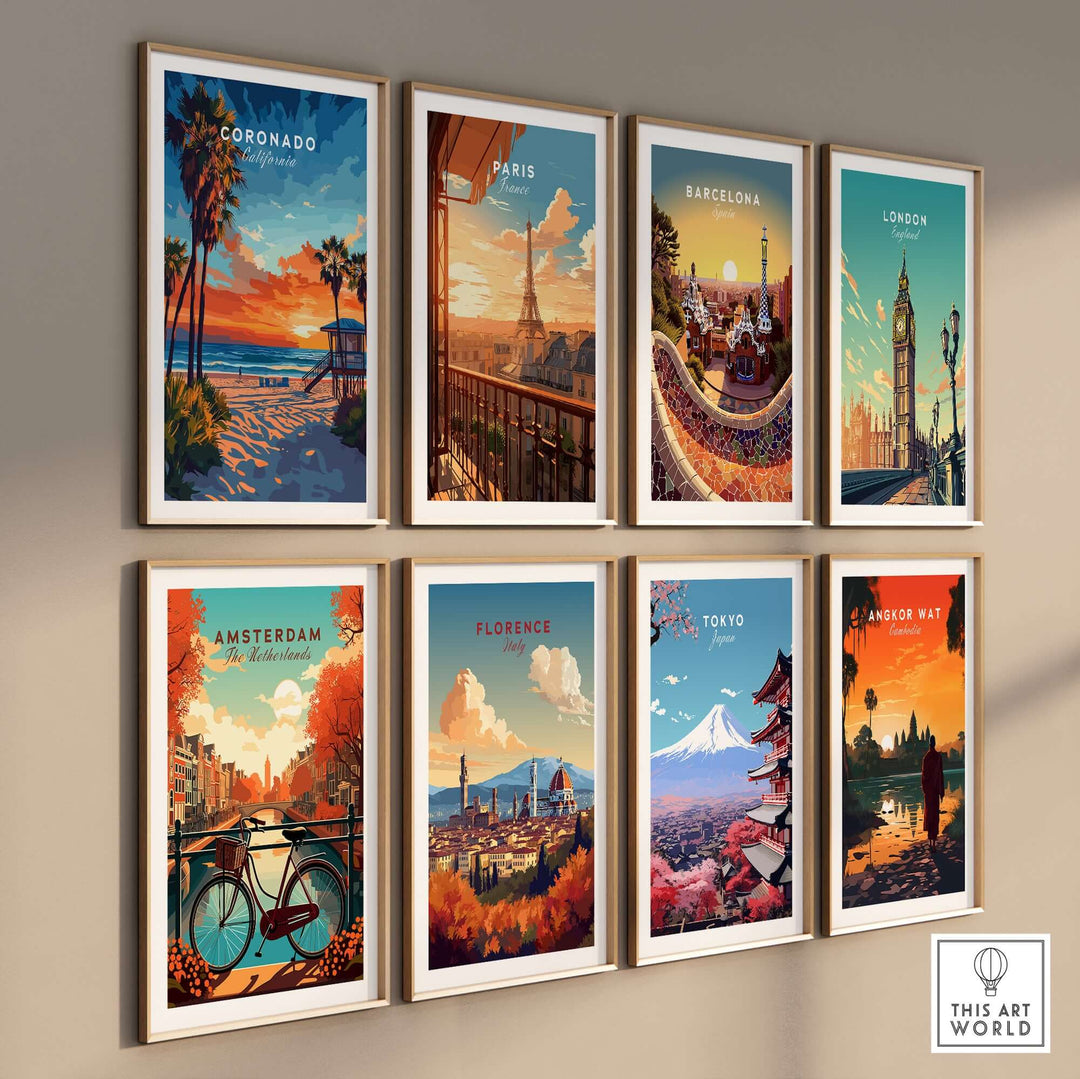 Collection of vibrant travel prints featuring iconic scenes from Coronado, Paris, Barcelona, London, Amsterdam, Florence, Tokyo, and Angkor Wat.