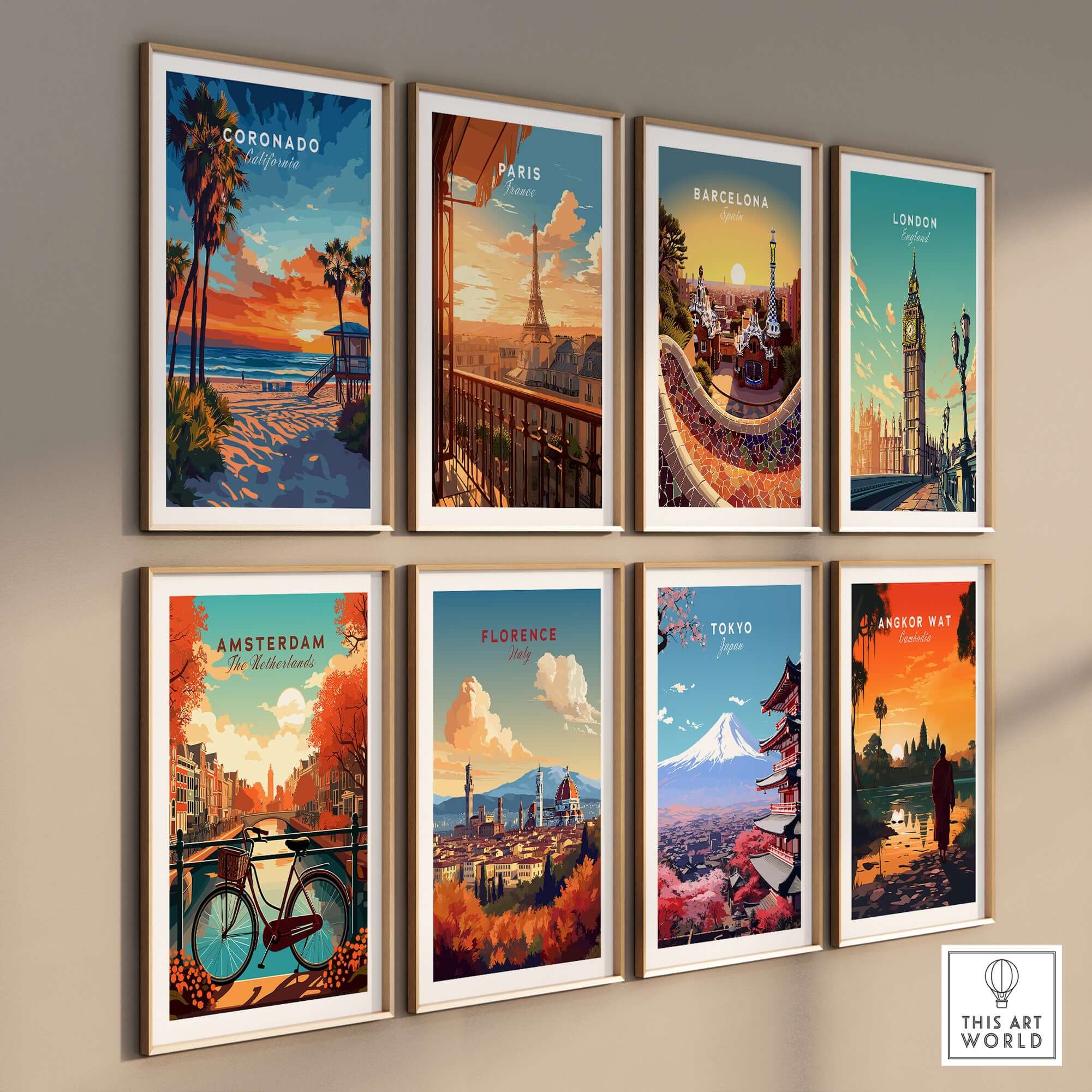 Framed art prints featuring destinations including Coronado, Paris, Barcelona, London, Amsterdam, Florence, Tokyo, and Angkor Wat.