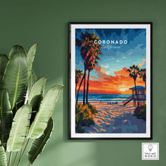 Coronado Print California showcasing a colorful beach sunset with palm trees and waves, framed on a green wall.