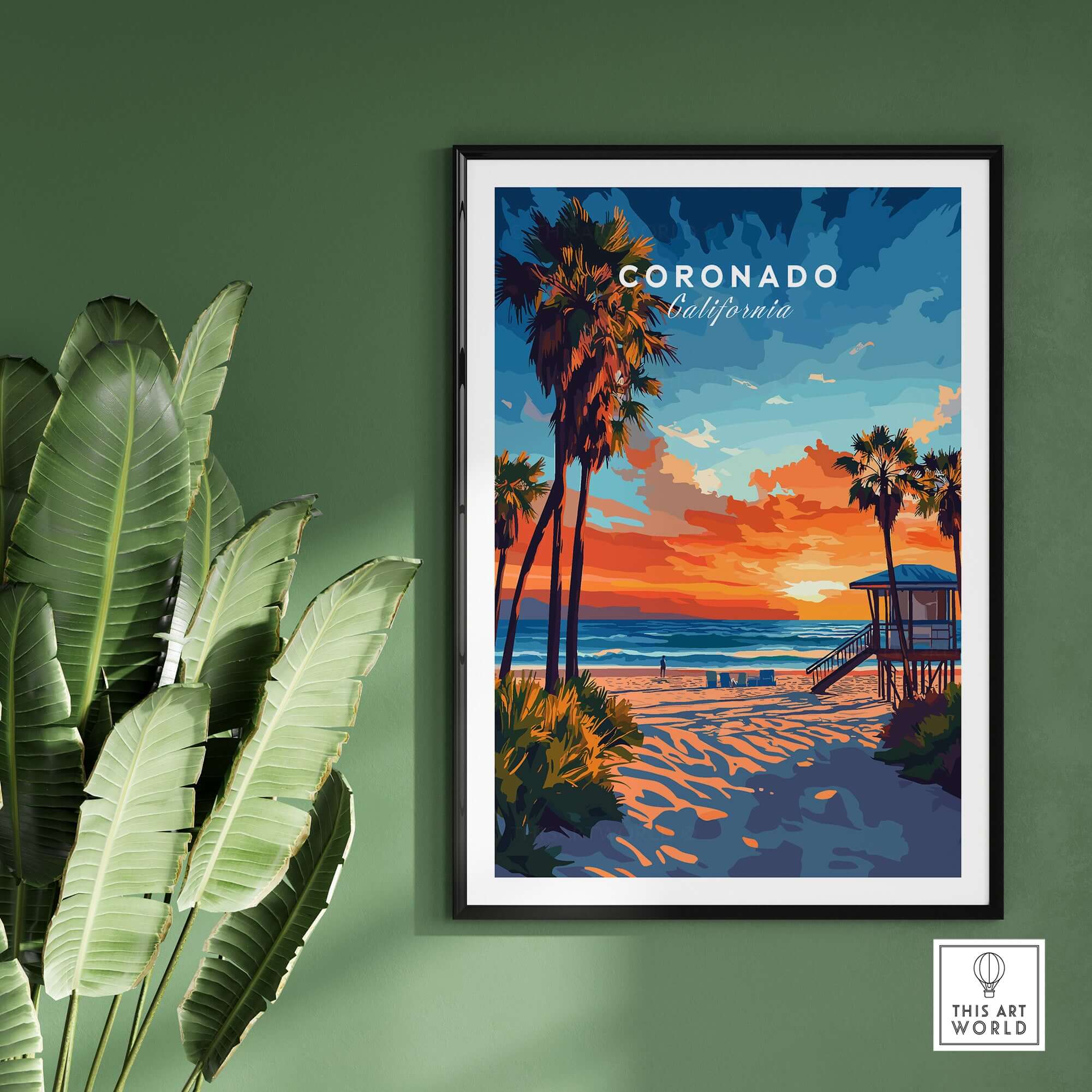 Coronado Print California showcasing a colorful beach sunset with palm trees and waves, framed on a green wall.