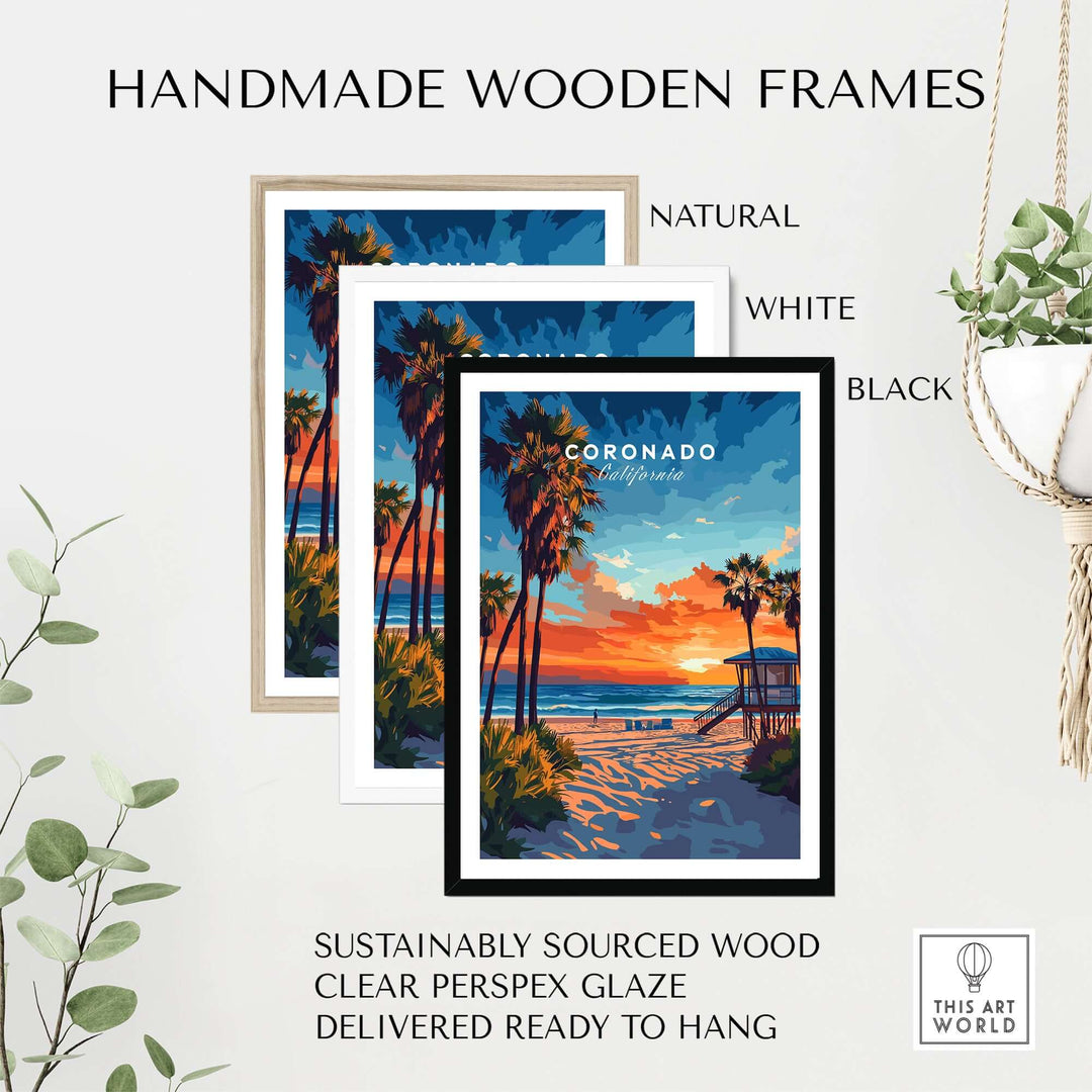 Handmade wooden frames in natural, white, and black for the Coronado Print California showcasing a beach sunset scene.