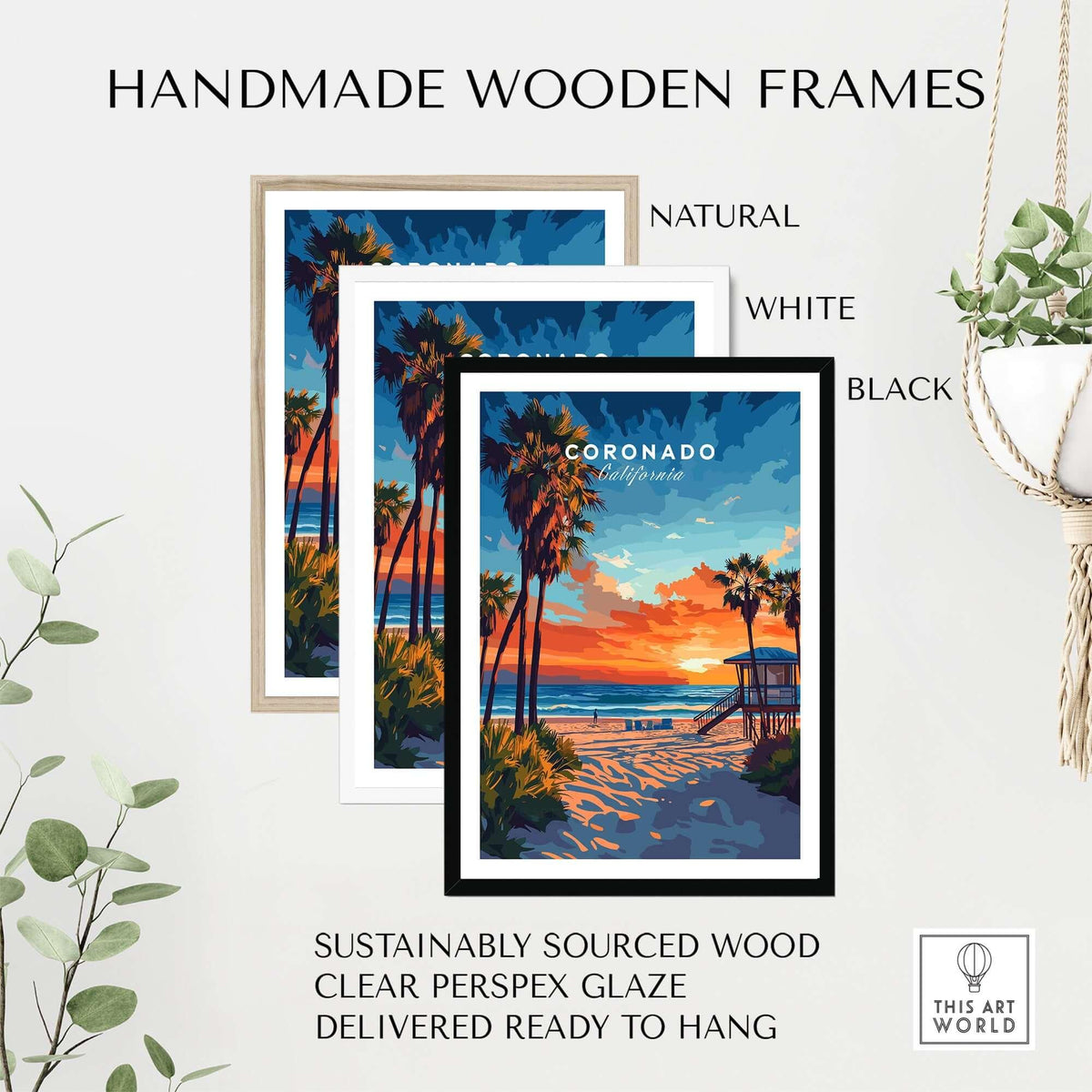 Coronado Print California displayed in handmade wooden frames, featuring a stunning sunset and palm trees.