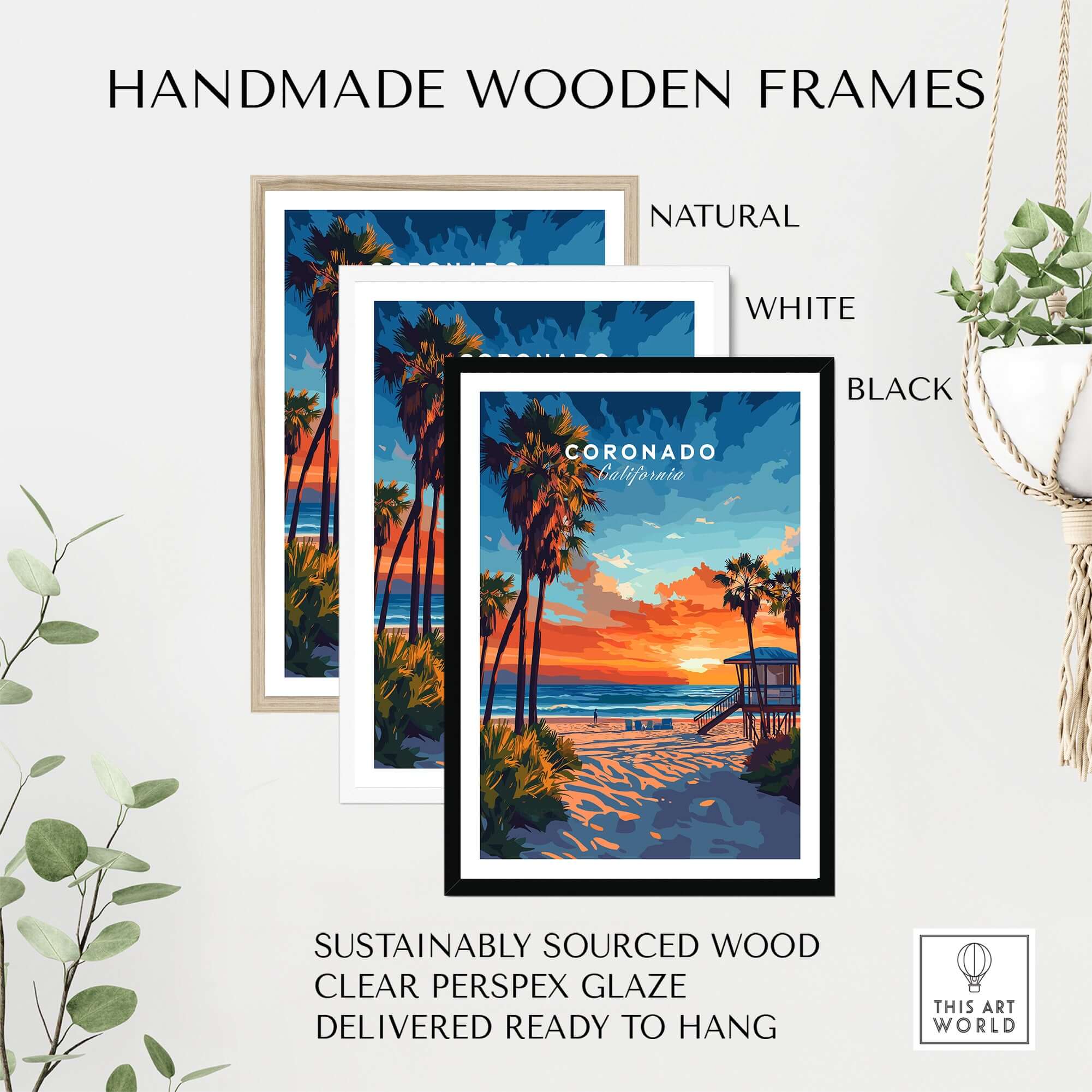 Coronado Print California displayed in handmade wooden frames, featuring a stunning sunset and palm trees.