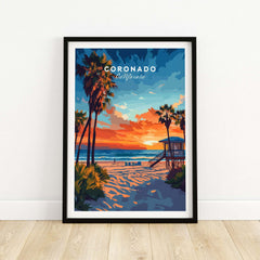 Coronado Print California featuring vibrant sunset and peaceful beach scene with palm trees.