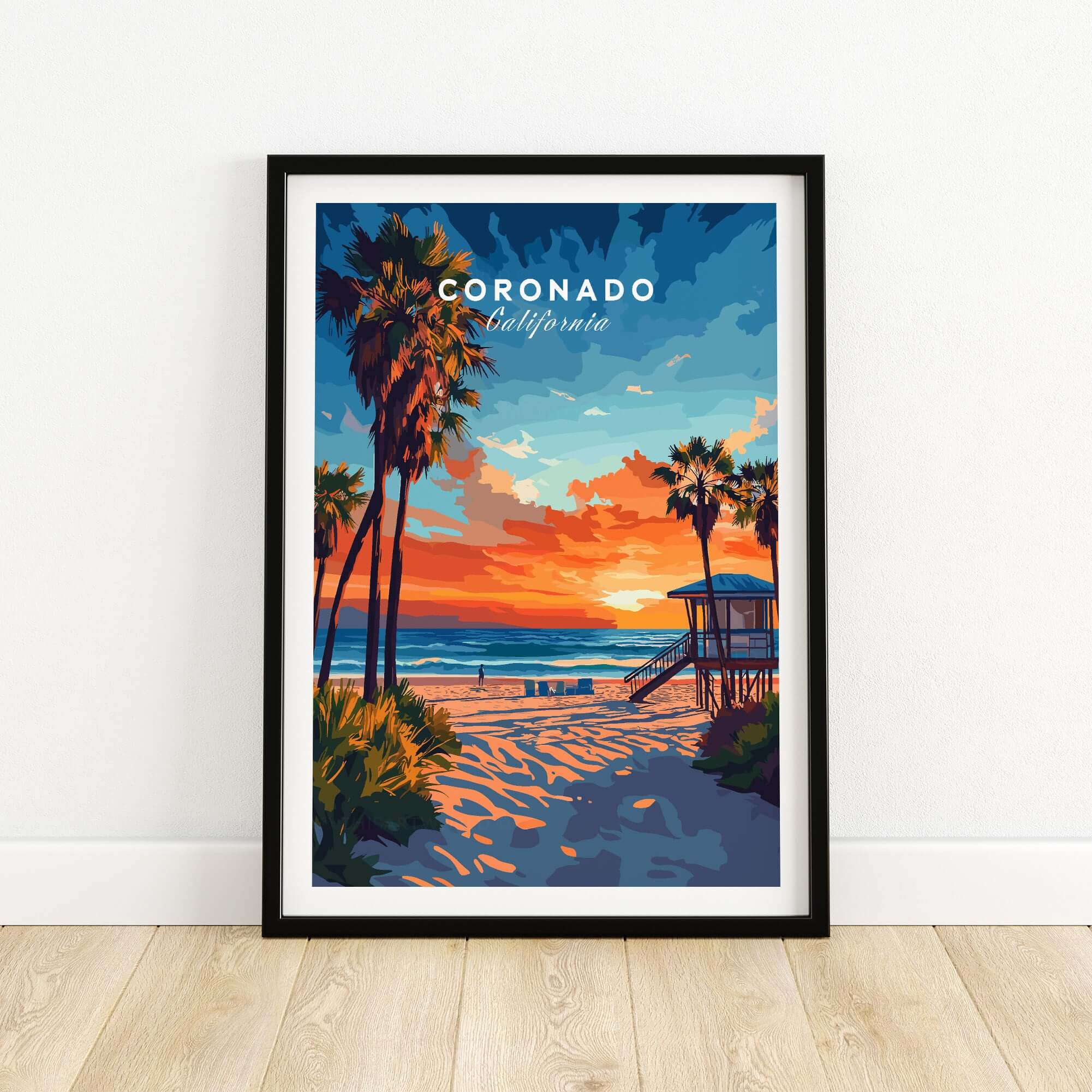 Coronado Print California featuring vibrant sunset and peaceful beach scene with palm trees.