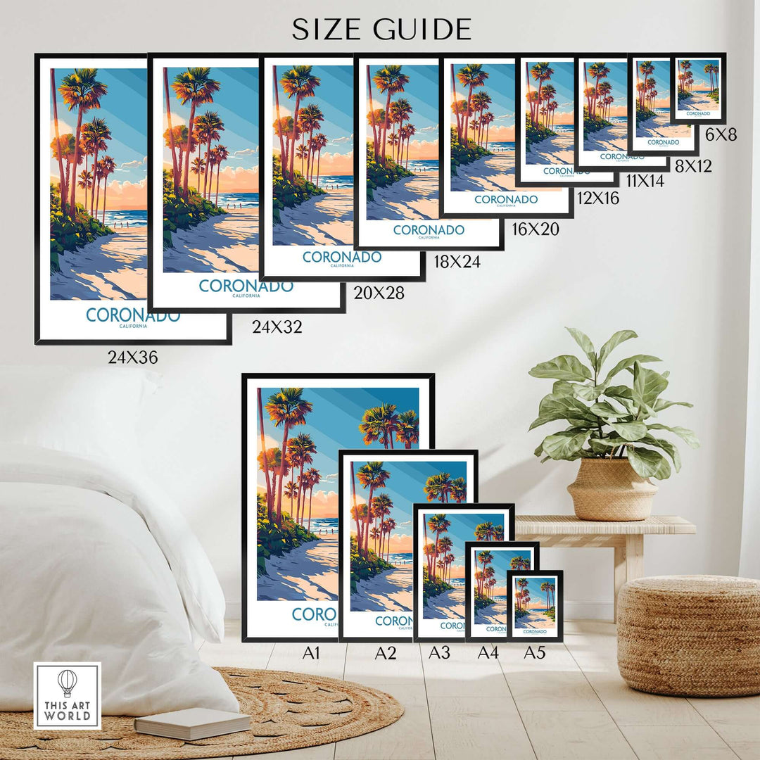 Size guide for Coronado travel poster showcasing various frame sizes and a vibrant beach scene with palm trees.