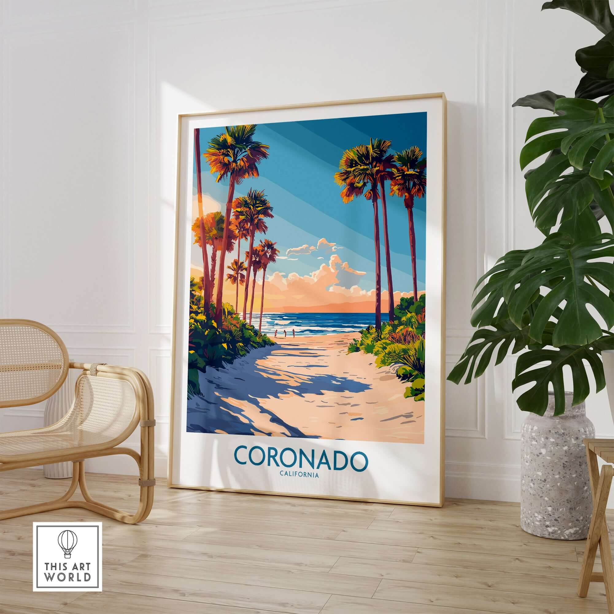 Coronado Travel Poster showcasing scenic beach and palm trees in California, perfect for travel enthusiasts.