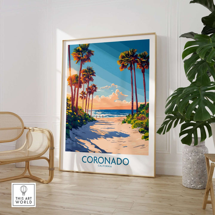 Coronado travel poster showcasing palm trees and beach at sunset, perfect for travel enthusiasts and beach lovers.