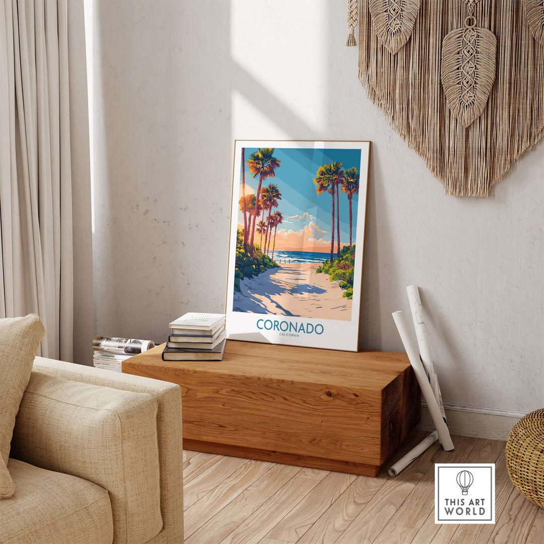 Coronado travel poster showcasing palm trees and a sandy beach, perfect for travel enthusiasts and beach lovers.