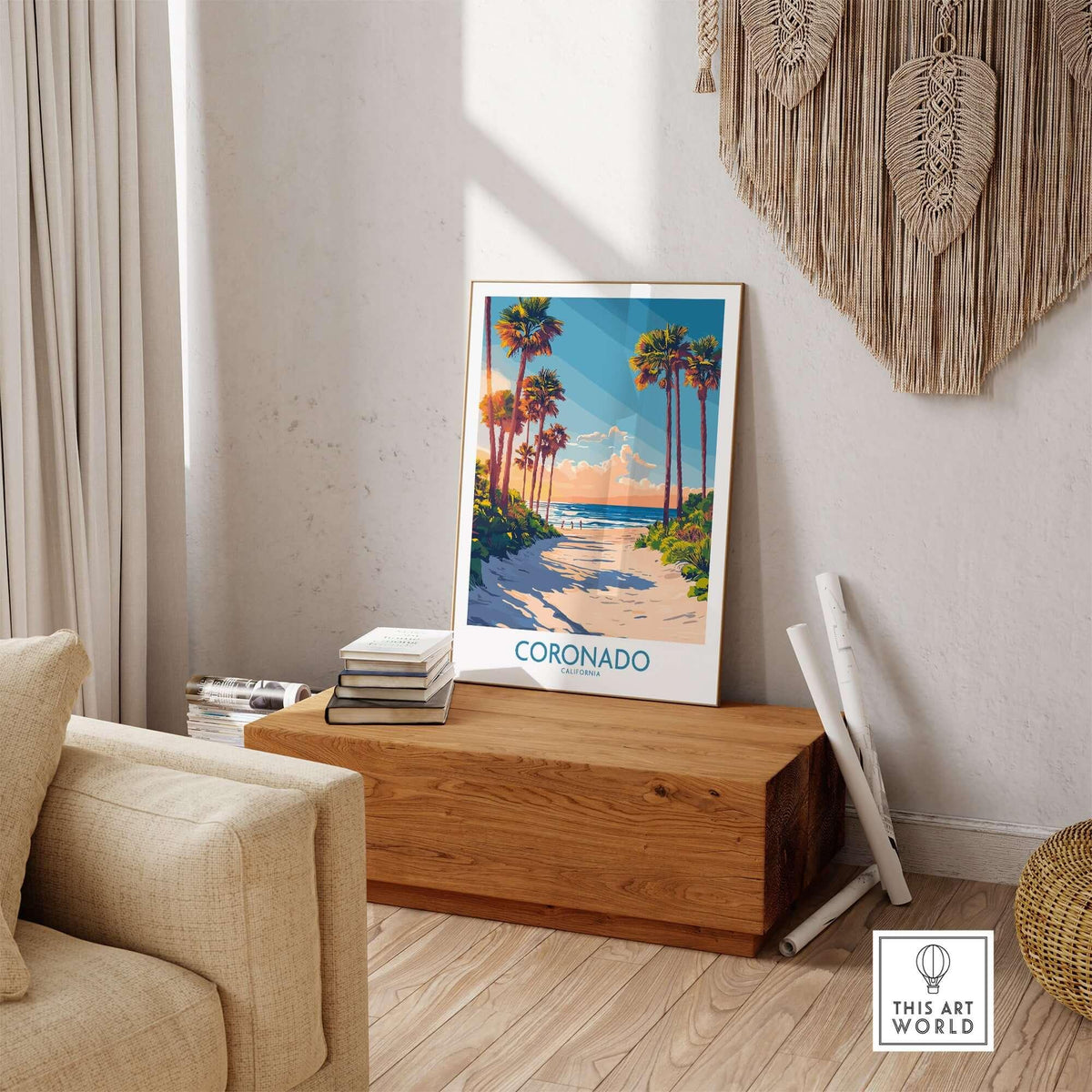 Coronado Travel Poster featuring idyllic beach and palm trees in a stylish living room setting.
