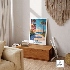 Coronado Travel Poster featuring idyllic beach and palm trees in a stylish living room setting.