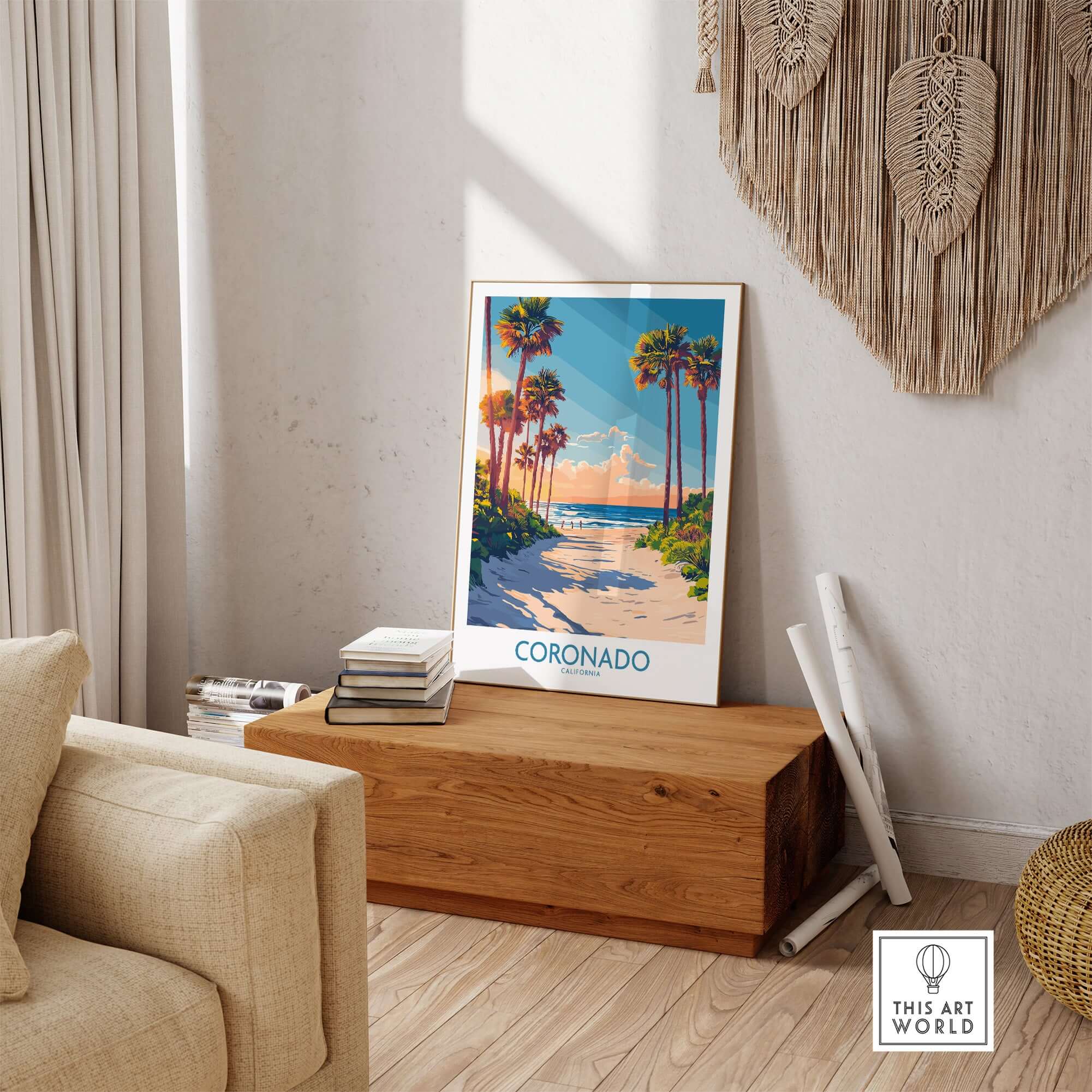 Coronado Travel Poster featuring idyllic beach and palm trees in a stylish living room setting.