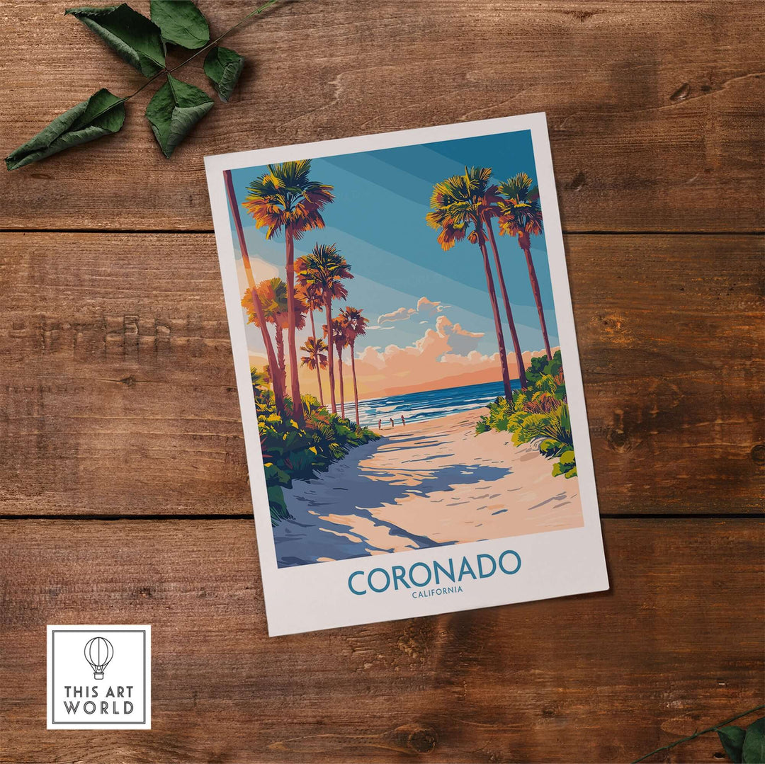 Coronado travel poster showcasing palm trees and a sandy beach in California, perfect for travel enthusiasts and beach lovers.