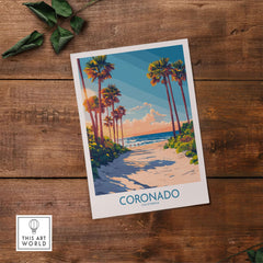Coronado Travel Poster featuring beautiful palm-lined beach in California, ideal for travel enthusiasts.