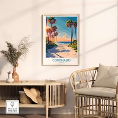 Coronado Travel Poster featuring picturesque beach scene and palm trees, enhancing home decor for travel enthusiasts.