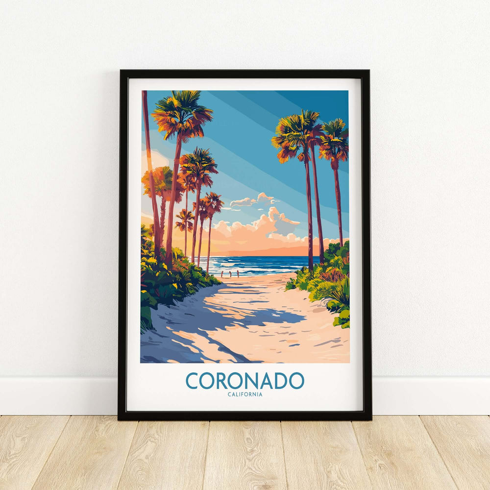 Coronado travel poster featuring palm trees and a beach sunset, perfect for beach lovers and travel enthusiasts.