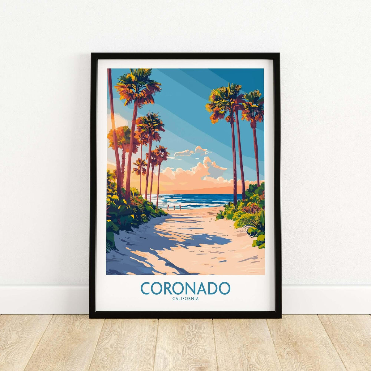 Coronado Travel Poster showcasing the beach and palm trees in Coronado, California.