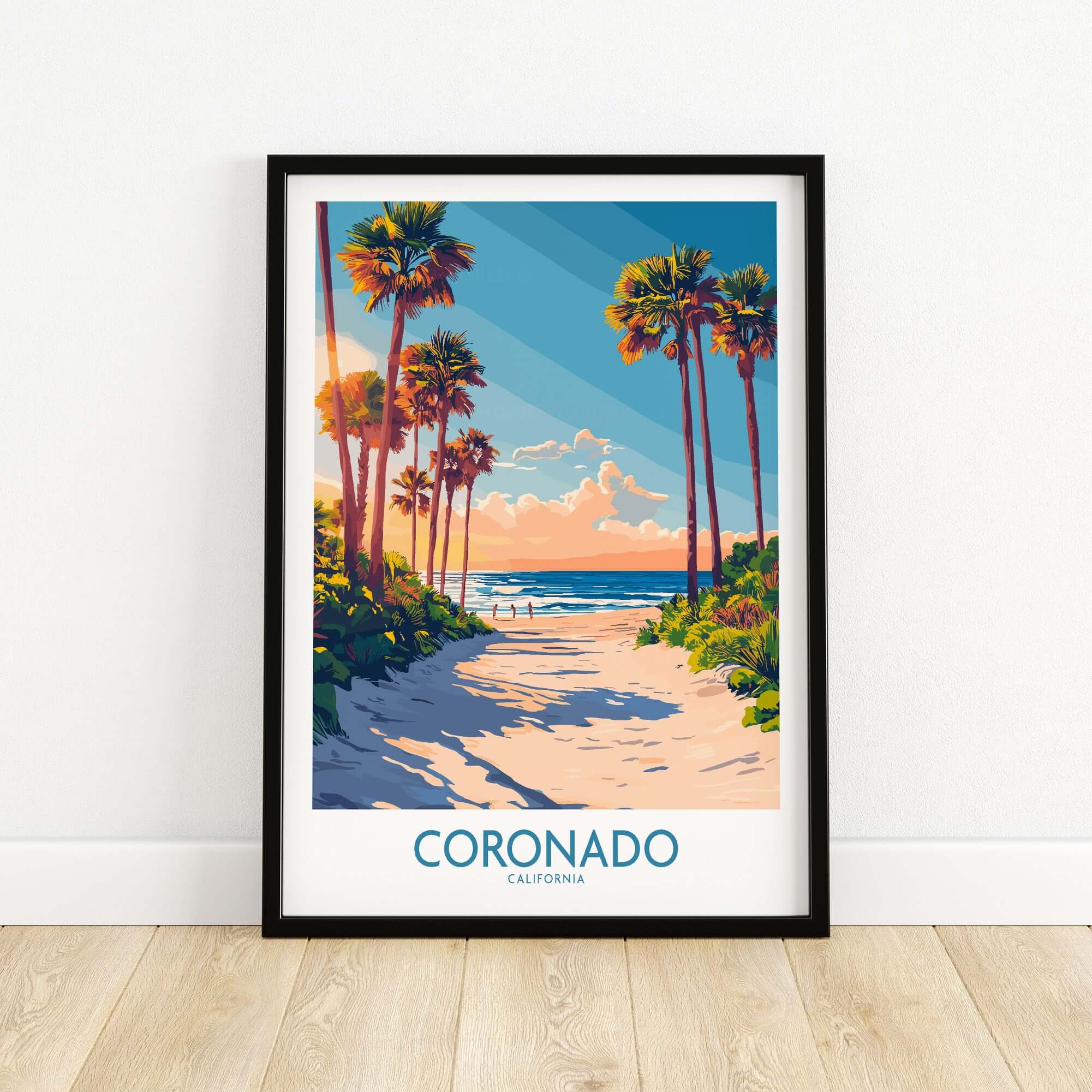 Coronado Travel Poster showcasing the beach and palm trees in Coronado, California.