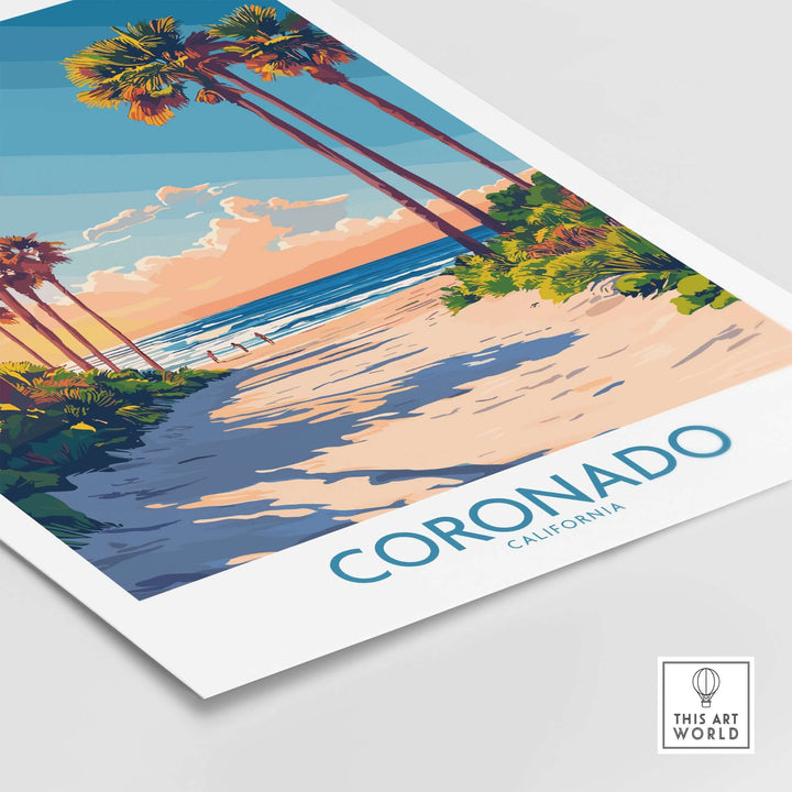 Coronado travel poster showcasing a beach scene with palm trees and sunset, perfect for travel enthusiasts.