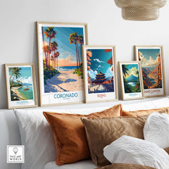 Coronado Travel Poster art displayed among other travel posters featuring beaches and landscapes.