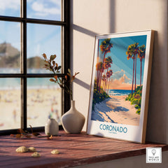 Coronado Travel Poster featuring beach scene with palm trees in California, perfect for travel enthusiasts.
