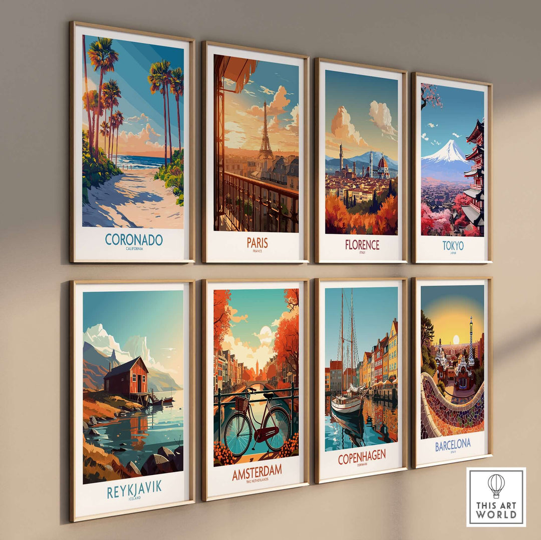 Travel posters featuring Coronado, Paris, Florence, Tokyo, Reykjavik, Amsterdam, Copenhagen, and Barcelona on a wall.