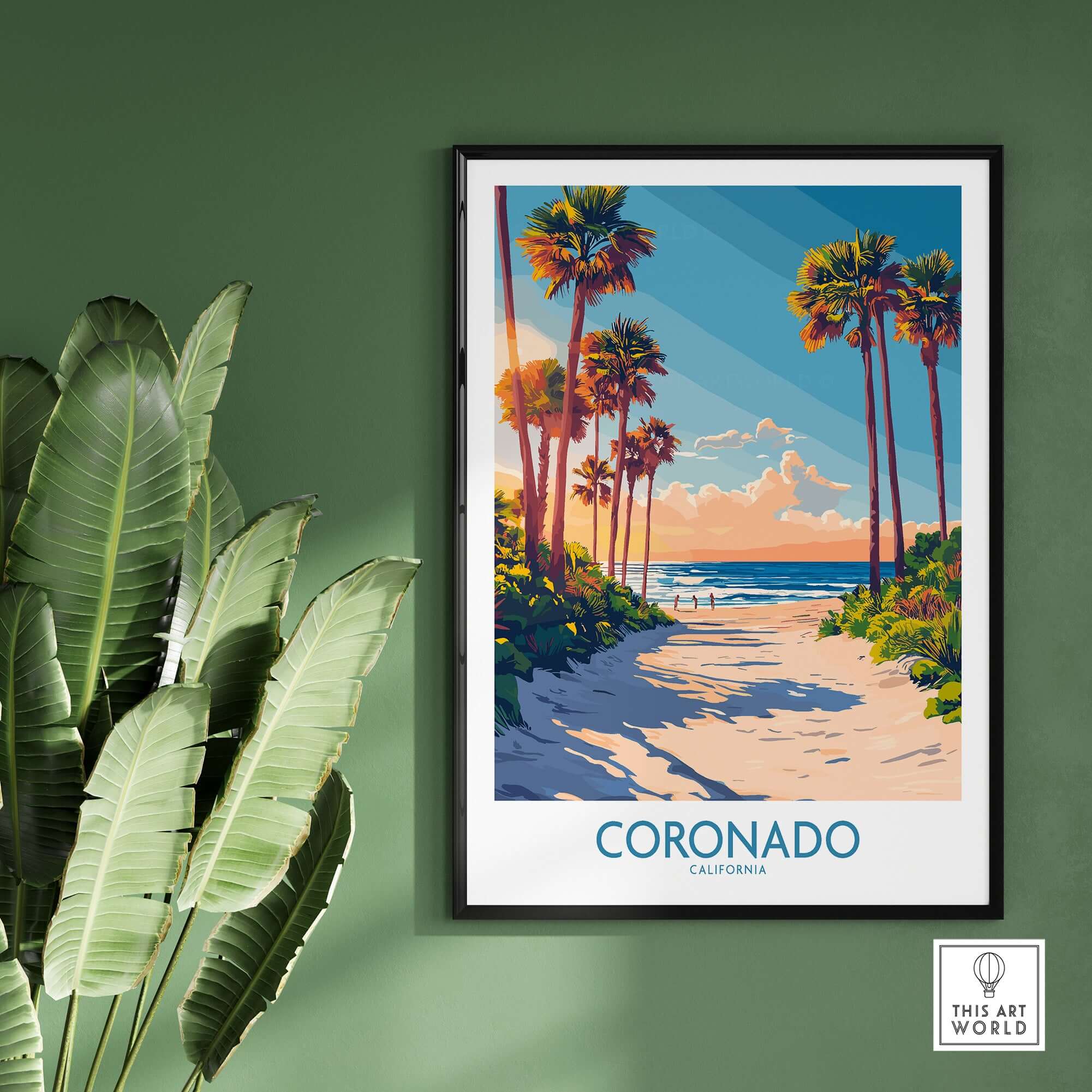 Coronado Travel Poster showcasing a beautiful beach scene with palm trees and a sunset in Coronado, California.
