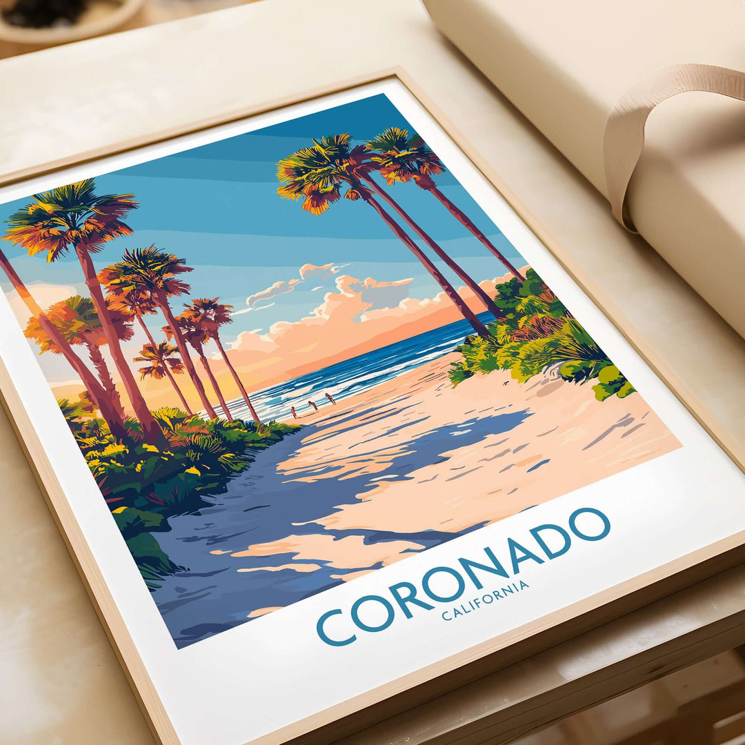 Coronado travel poster showcasing a scenic beach path lined with palm trees under a colorful sky, perfect for beach lovers.