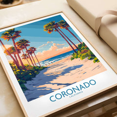 Coronado Travel Poster showcasing vibrant beaches and palm trees in California, ideal for beach lovers and travelers.