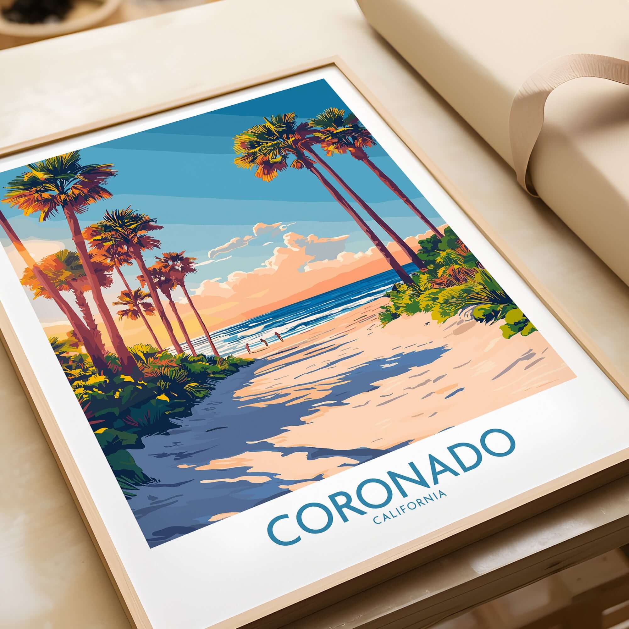 Coronado Travel Poster showcasing vibrant beaches and palm trees in California, ideal for beach lovers and travelers.
