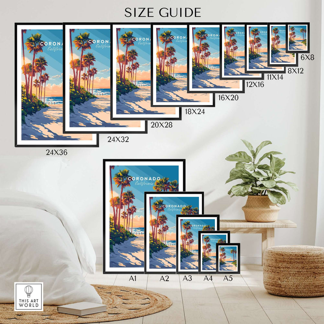 Size guide for Coronado Travel Print, displaying various frame sizes and a vibrant beach design. Perfect for home decor.