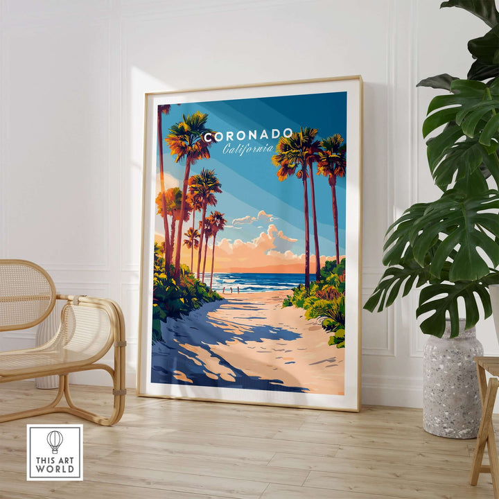 Coronado Travel Print featuring a beach scene with palm trees, capturing the essence of California's paradise decor.