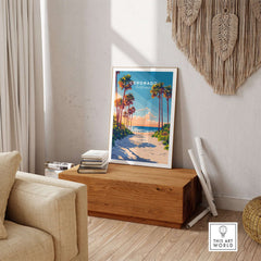 Coronado Travel Print showcasing serene beaches and vibrant palm trees in a stylish indoor setting.