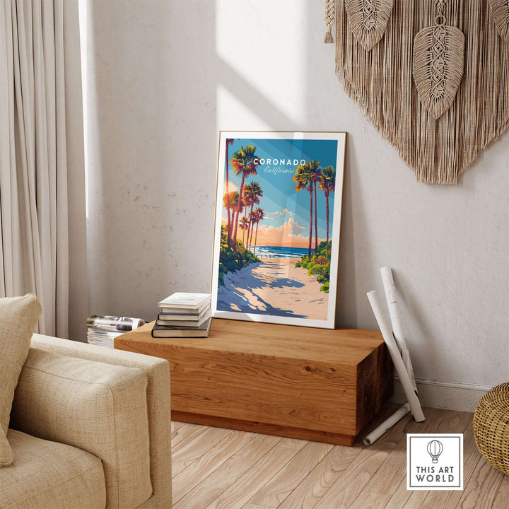 Coronado Travel Print displayed in a cozy living room, showcasing vibrant beaches and palm trees for idyllic home decor.