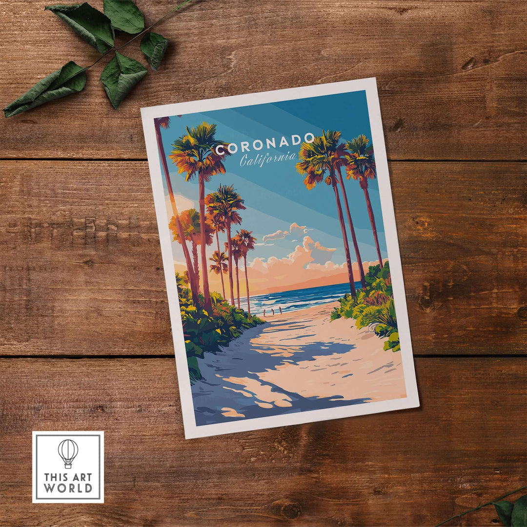 Coronado Travel Print featuring a beach scene with palm trees, vibrant colors, and a serene sunset over the ocean.