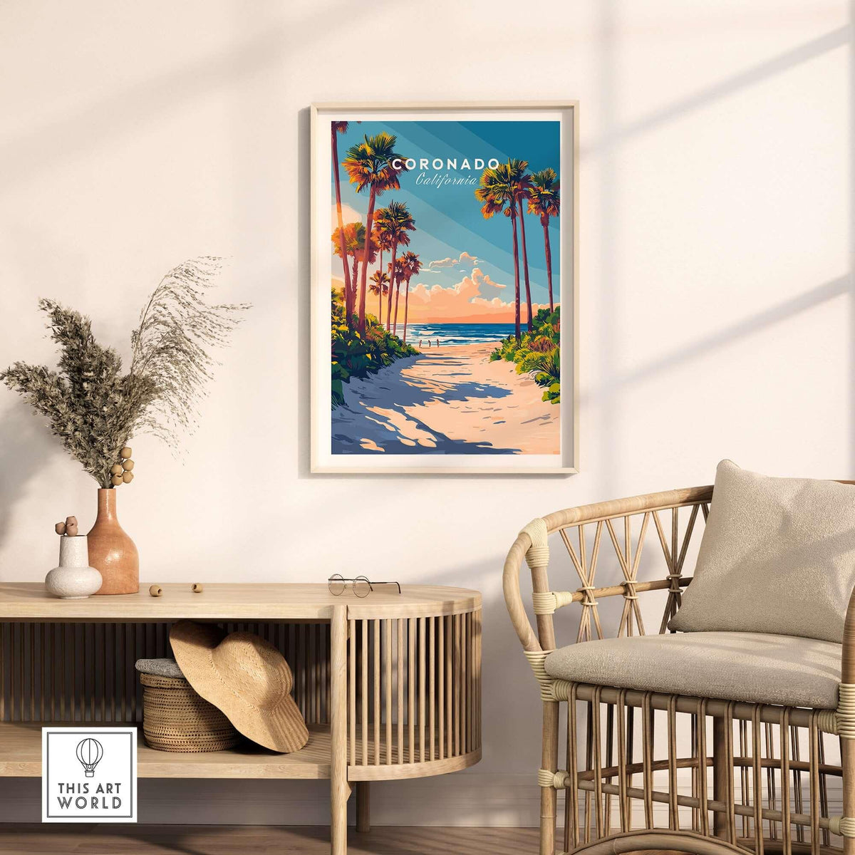 Coronado Travel Print showcasing tranquil beach scenery with palm trees and vibrant colors for home decor.