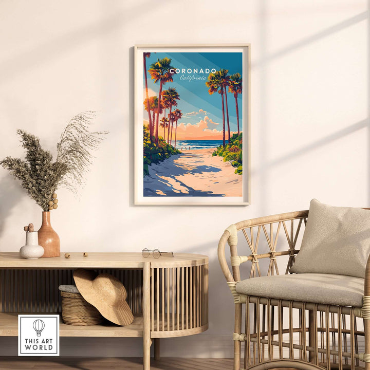 Coronado Travel Print in a stylish living room setting, featuring palm trees and a beach scene, perfect for home decor.