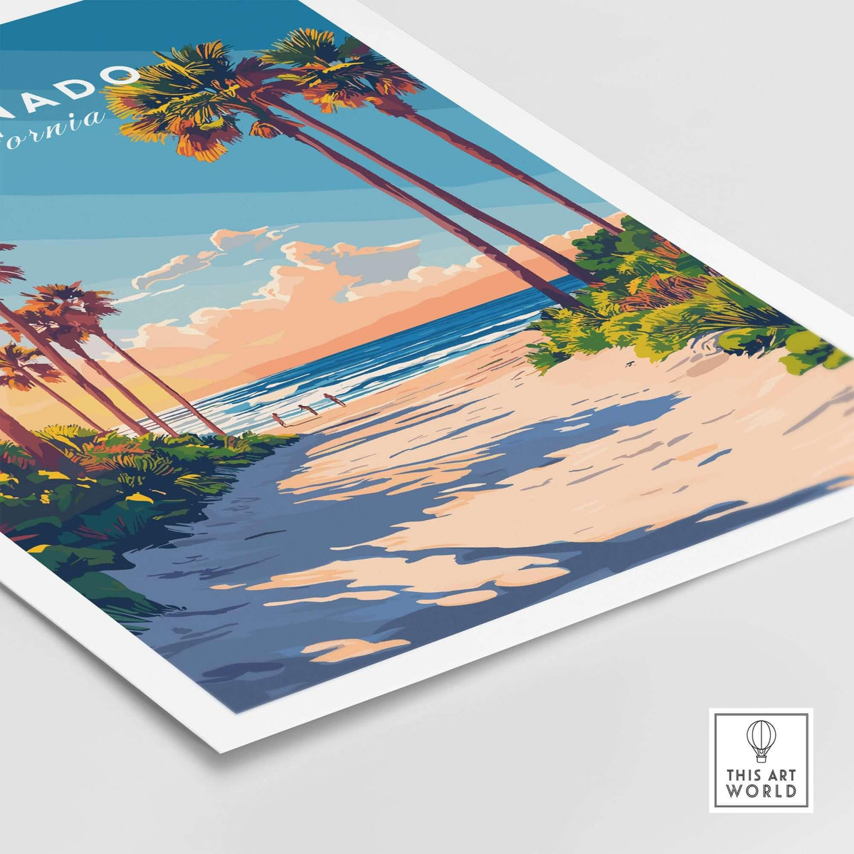 Coronado Travel Print featuring serene beach path framed by palm trees and colorful sky in California.