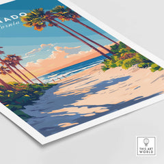 Coronado Travel Print featuring serene beach path framed by palm trees and colorful sky in California.