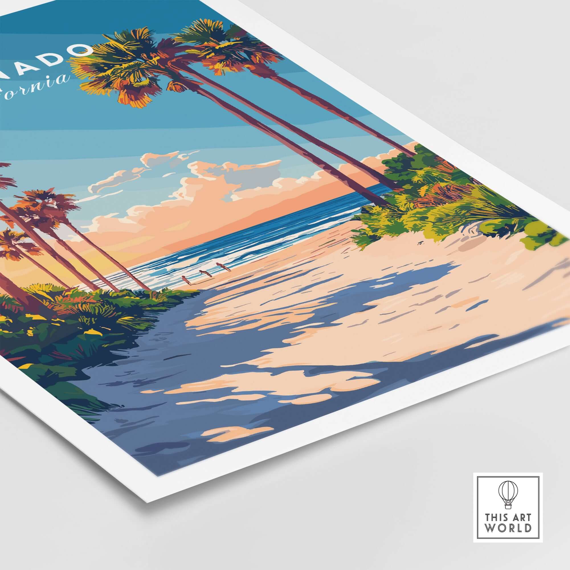 Coronado Travel Print featuring serene beach path framed by palm trees and colorful sky in California.