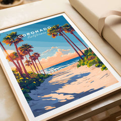 Coronado Travel Print showcasing vibrant palm trees and a beautiful beach scene in California.